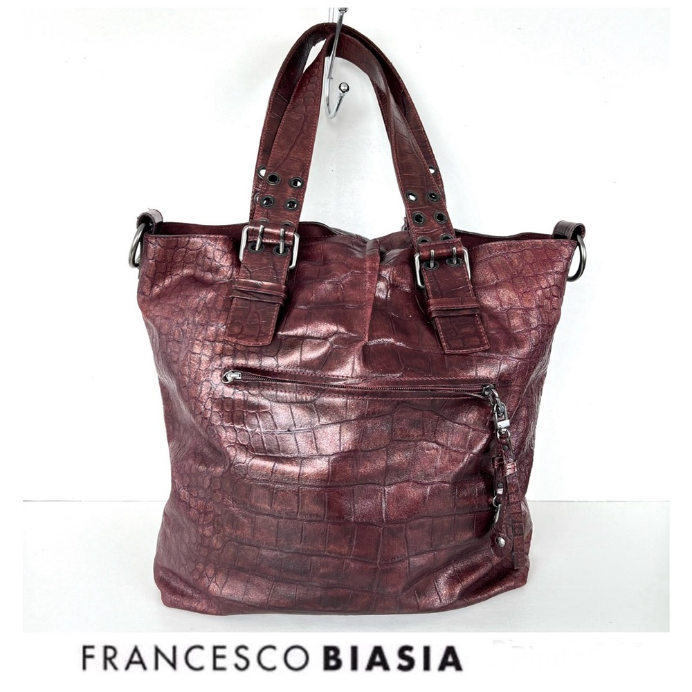 FRANCESCO BIASIA Burgundy Metallic Croc Embossed Leather Oversized Shoulder Bag